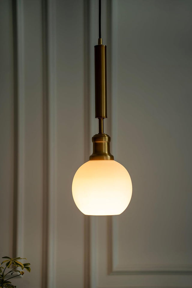 Divine Trends Globe Hanging Pendant Light Antique Brass Finish with Frosted Milky White Glass | Hanging Lamp for Living Room | Pendant Ceiling Lamp - Pack of 1