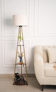 Divine Trends 3 Shelves Floor Lamp Brass Antique Finish 5 Feet Height with 14” Diameter Off White Drum Shade for Living Room, Bedroom, Home Decoration | Led Bulb Included - Pack of 1