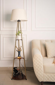 Divine Trends 3 Shelves Floor Lamp Brass Antique Finish 5 Feet Height with 16” Diameter Off White LampShade for Living Room, Bedroom, Home Decoration | Led Bulb Included - Pack of 1