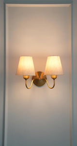 Divine Trends Brass Antique Finish Double Curved Wall Lamp with Off White Lampshades