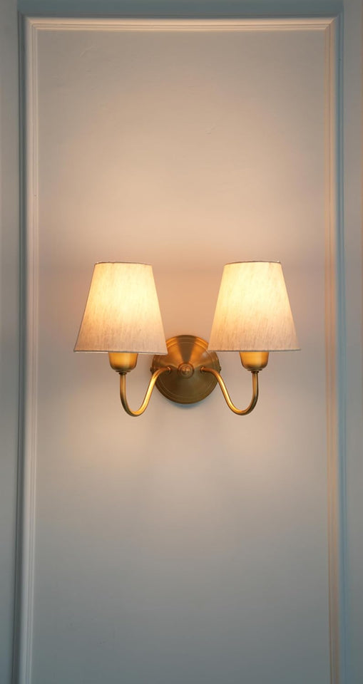 Divine Trends Brass Antique Finish Double Curved Wall Lamp with Off White Lampshades