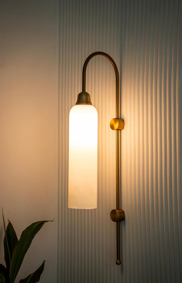 Divine Trends Modern Wall Lamp Antique Brass Finish with Frosted Milky White Long Glass for Bedside, Living Room, Bedroom, Home Decoration, Restaurant | Wall Light - Pack of 1
