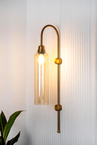 Divine Trends Modern Wall Lamp Antique Brass Finish with Golden Luster Long Glass for Bedside, Living Room, Bedroom, Home Decoration, Restaurant | Wall Light - Pack of 1