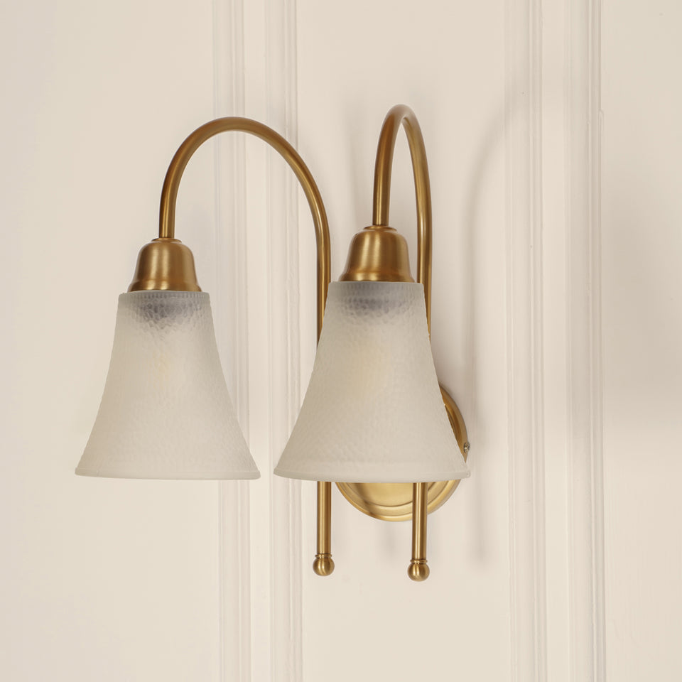 Divine Trends Brass Antique Finish Double Hockey Wall Lamp with Frosted Hammered Glass- with Reversable Design