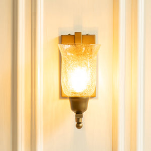 Divine Trends Brass Antique Finish J Wall Lamp with Chimney Crackled Glass Golden Luster Shade