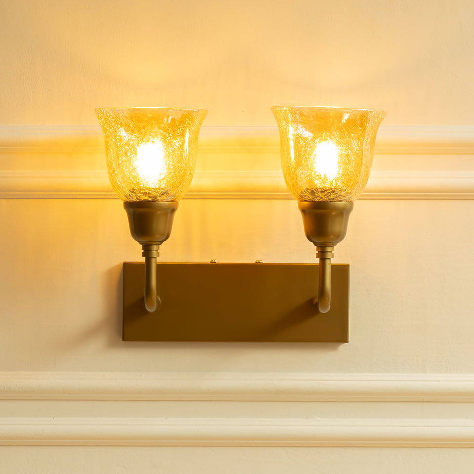 Divine Trends Brass Antique Finish Double Elbow Wall Lamp with Cup Crackled Glass Golden Luster Shade