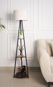 Divine Trends 3 Shelves Floor Lamp Black Polished 5 Feet Height with 14” Diameter Off White Drum Shade for Living Room, Bedroom, Home Decoration | Led Bulb Included - Pack of 1