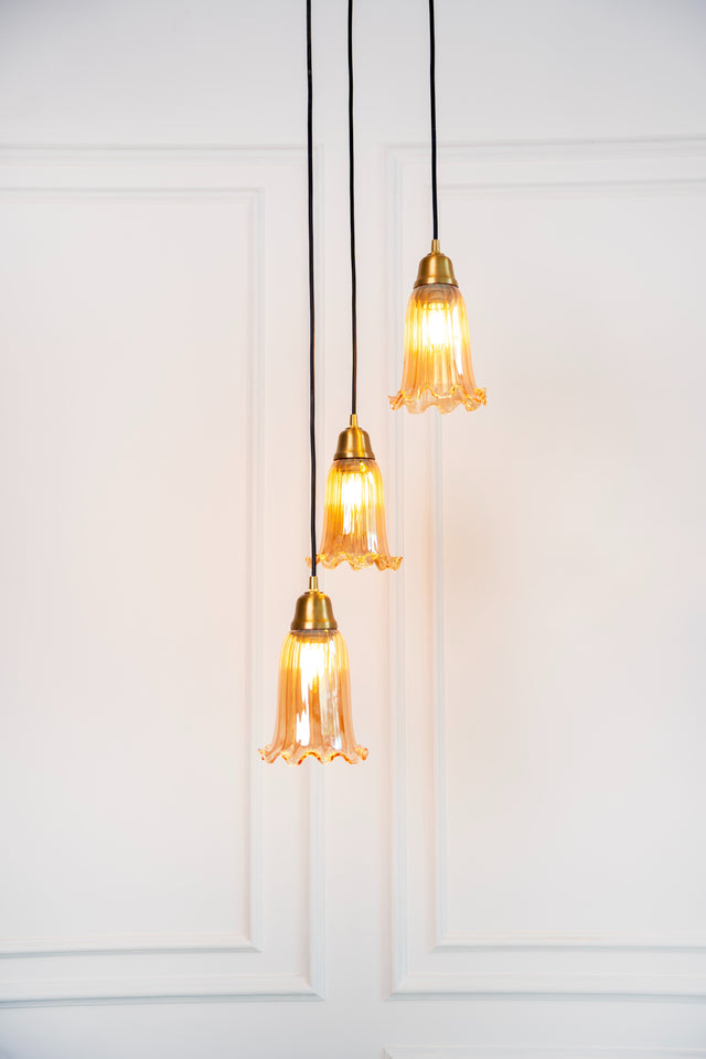 Divine Trends Brass Antique Finish Triple Pendant Hanging Glass Lamp with Fluted Flower Glass Golden Luster Shade