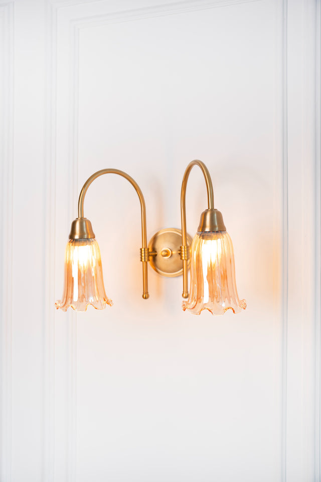 Divine Trends Brass Antique Finish Double Hockey Wall Lamp with Fluted Flower Golden Luster Glass Lampshade- with Reversable Design