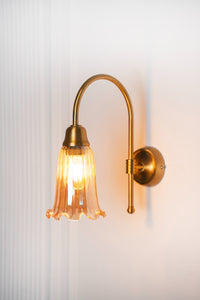 Divine Trends Brass Antique Finish Hockey Wall Lamp with Fluted Flower Golden Luster Glass- with Reversable Design
