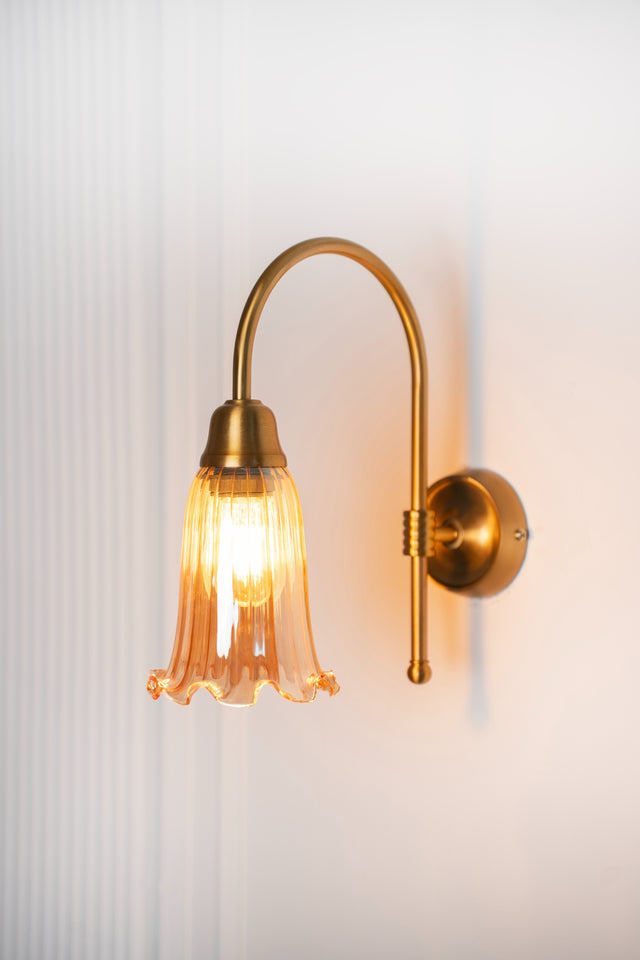 Divine Trends Brass Antique Finish Hockey Wall Lamp with Fluted Flower Golden Luster Glass- with Reversable Design