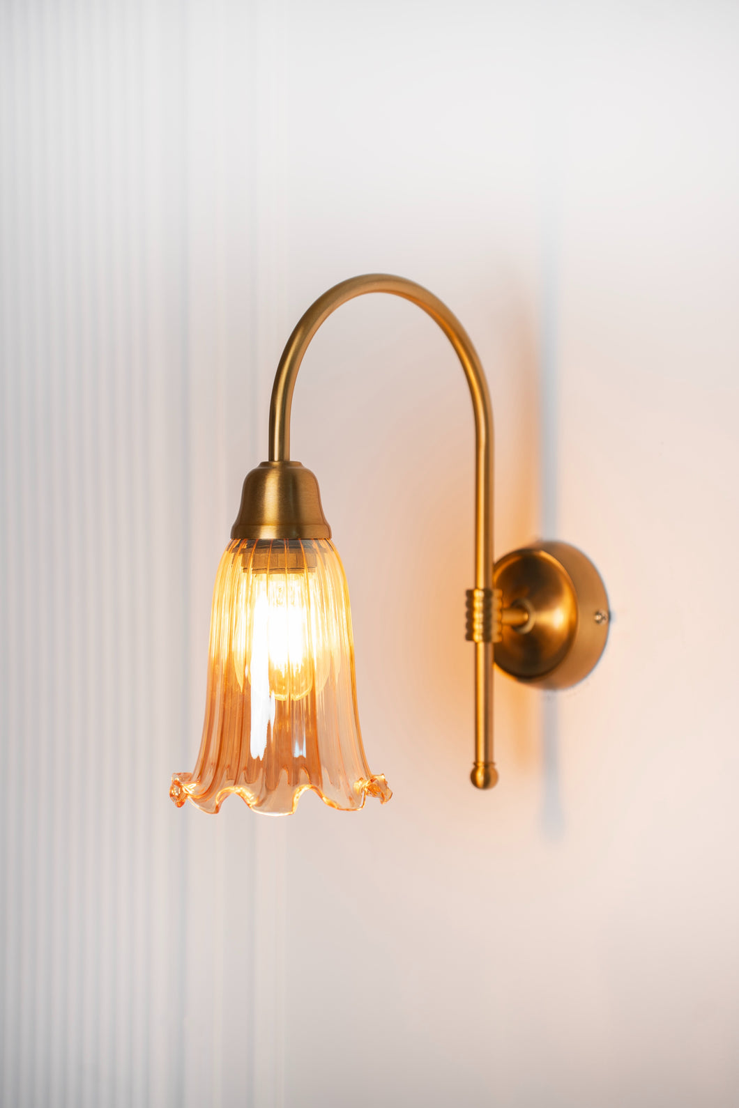 Divine Trends Brass Antique Finish Hockey Wall Lamp with Fluted Flower Golden Luster Glass- with Reversable Design