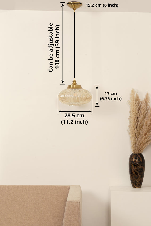 Divine Trends Pendant Hanging Glass Lamps Melon Ribbed Golden Luster with Antique Brass Finish- Pack of 1