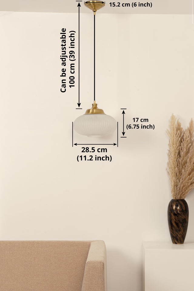 Divine Trends Pendant Hanging Glass Lamps Melon Ribbed Frost Shade with Antique Brass Finish- Pack of 1