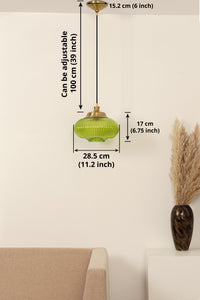Divine Trends Pendant Hanging Glass Lamps Melon Ribbed Green Painted with Antique Brass Finish- Pack of 1