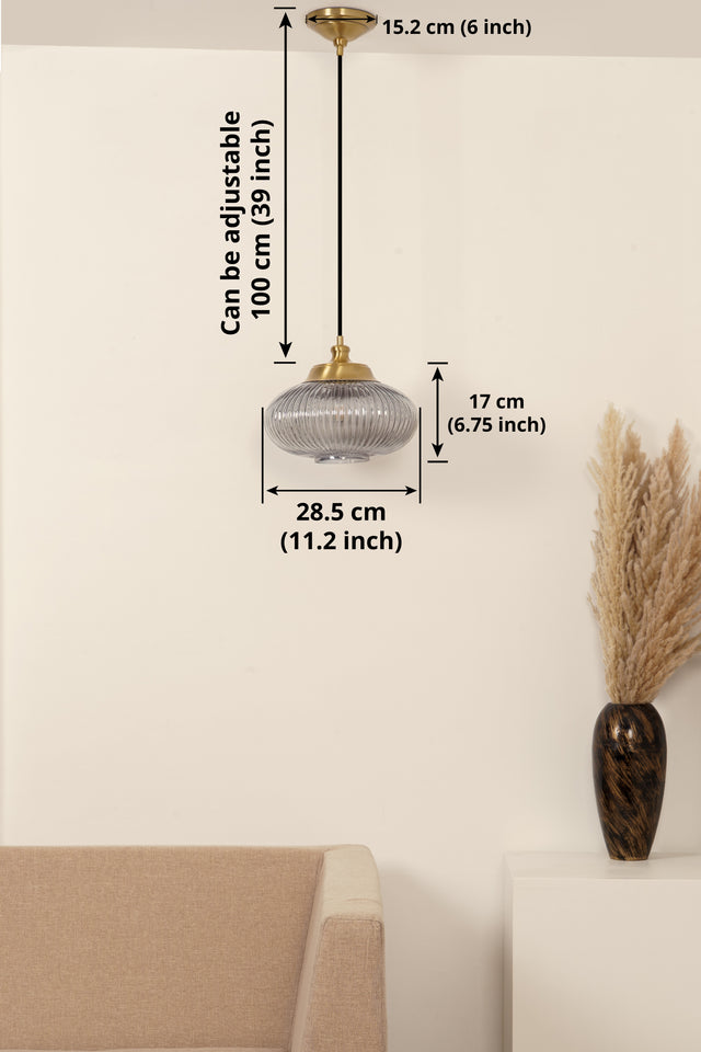 Divine Trends Pendant Hanging Glass Lamps Melon Ribbed Grey Luster with Antique Brass Finish- Pack of 1