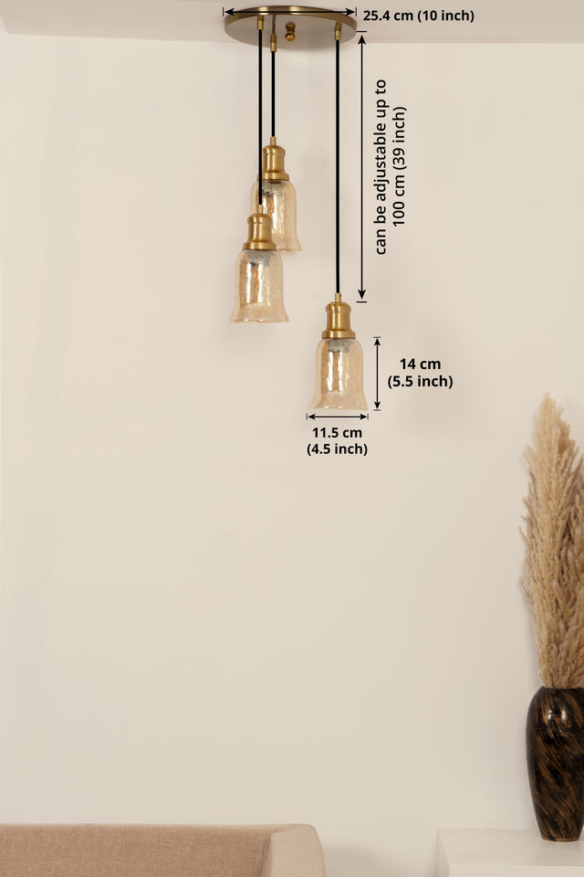 Divine Trends Brass Antique Finish Triple Pendant Hanging Glass Lamp with Chimney Crackled Glass Golden Luster Shade