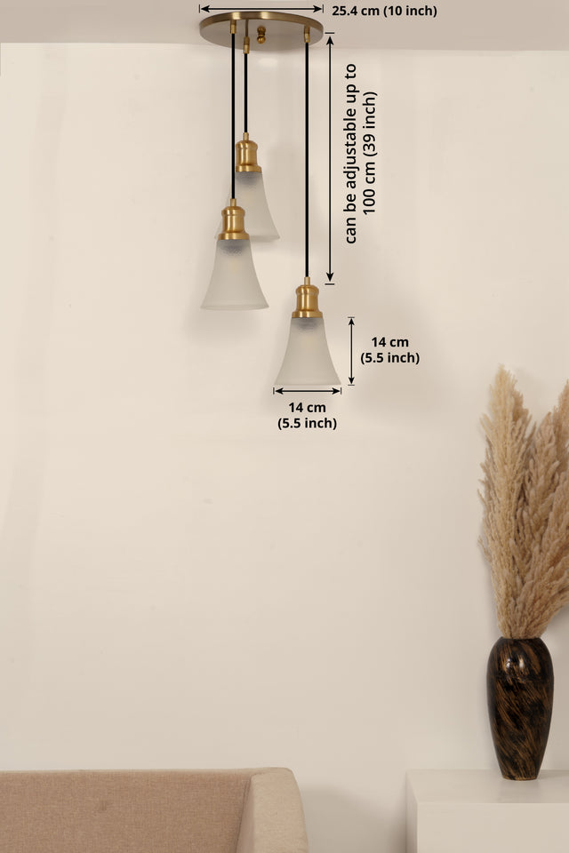 Divine Trends Brass Antique Finish Triple Pendant Hanging Glass Lamp with Frosted Hammered Glass Shade