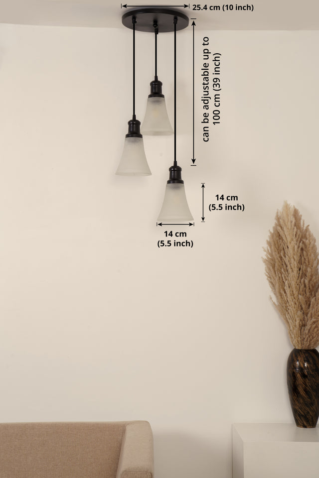 Divine Trends Black Finish Triple Pendant Hanging Glass Lamp with Frosted Hammered Glass Shade