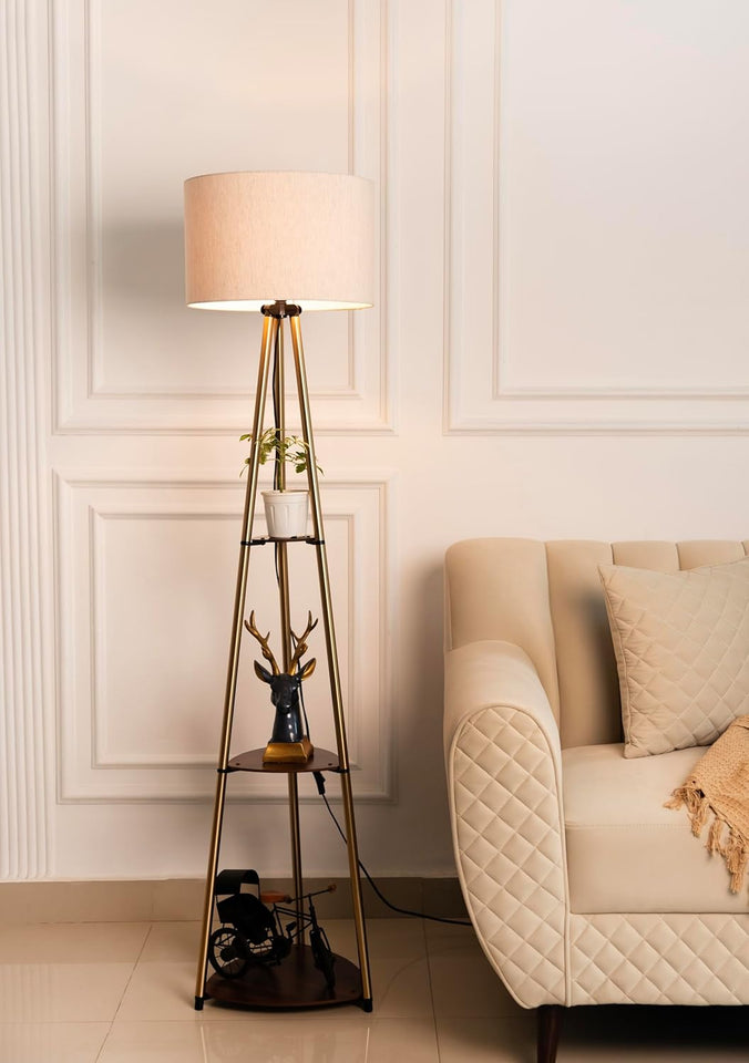 Divine Trends 3 Shelves Floor Lamp Brass Antique Finish 5 Feet Height with 14” Diameter Off White Drum Shade for Living Room, Bedroom, Home Decoration | Led Bulb Included - Pack of 1