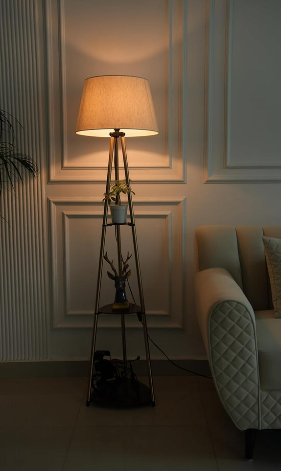 Divine Trends 3 Shelves Floor Lamp Brass Antique Finish 5 Feet Height with 16” Diameter Off White LampShade for Living Room, Bedroom, Home Decoration | Led Bulb Included - Pack of 1
