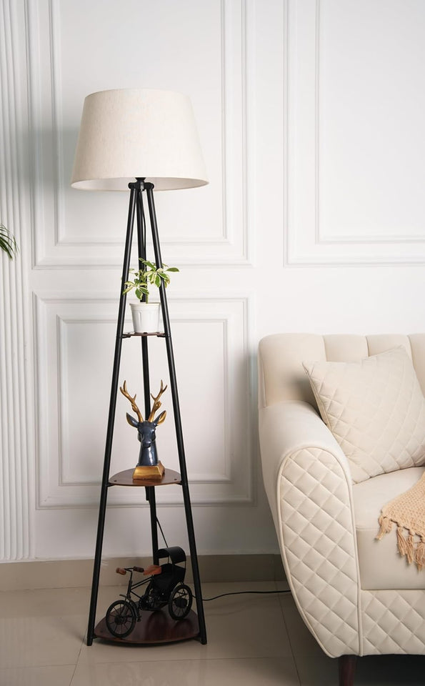 Divine Trends 3 Shelves Floor Lamp Black Polished 5 Feet Height with 16” Diameter Off White Shade for Living Room, Bedroom, Home Decoration | Led Bulb Included - Pack of 1