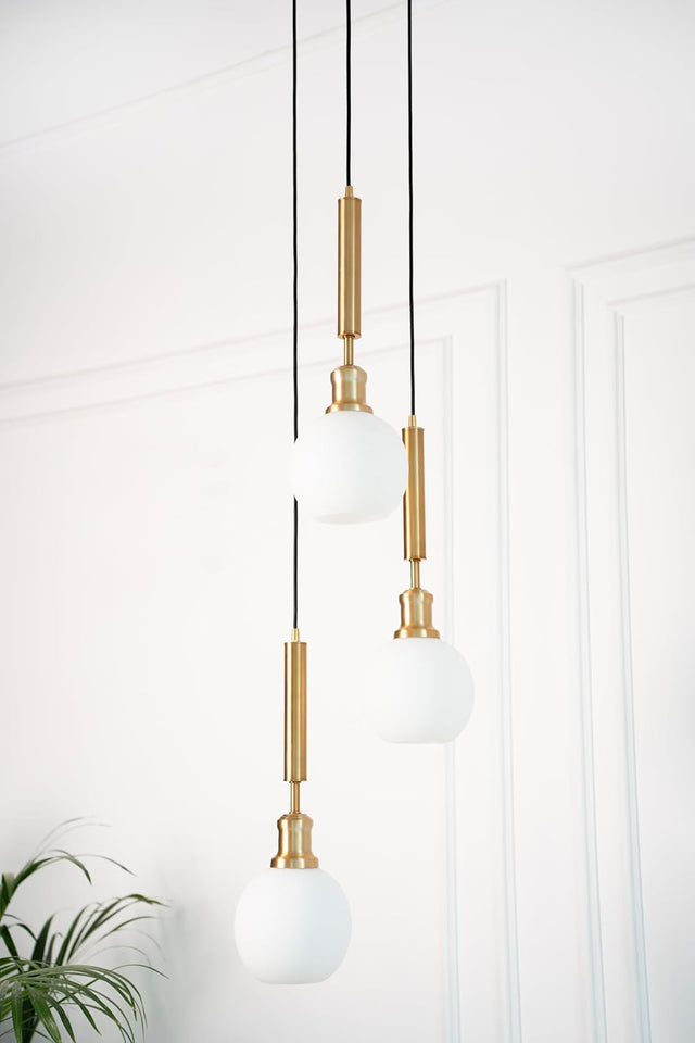 Divine Trends Triple Globe Hanging Pendant Light Antique Brass Finish with Frosted Milky White Glass | Hanging Lamp for Living Room | Chandelier Ceiling Lamp - Pack of 1