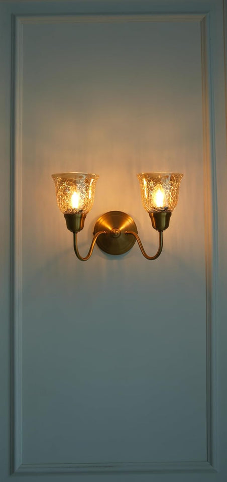 Divine Trends Brass Antique Finish Double Curved Wall Lamp with Cup Crackled Glass Shades