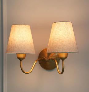 Divine Trends Brass Antique Finish Double Curved Wall Lamp with Off White Lampshades