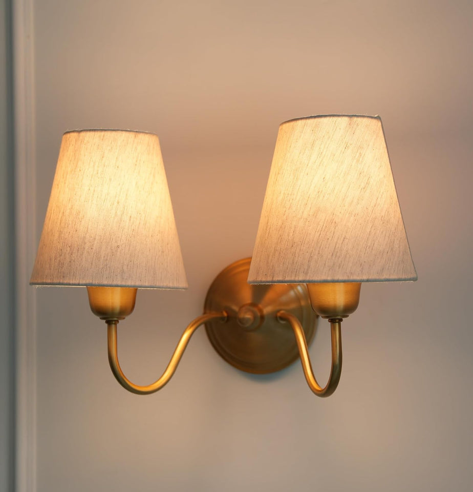 Divine Trends Brass Antique Finish Double Curved Wall Lamp with Off White Lampshades