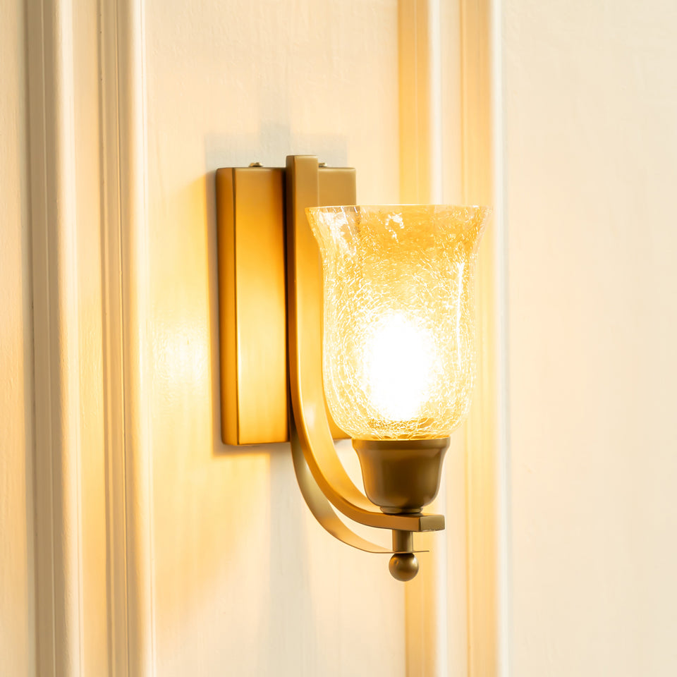 Divine Trends Brass Antique Finish J Wall Lamp with Chimney Crackled Glass Golden Luster Shade