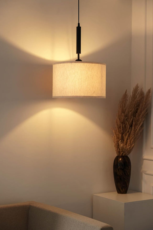 Divine Trends Black Polished Cotton Fabric Lamp Shade Pendant Hanging Light 14" Diameter Off White Shade