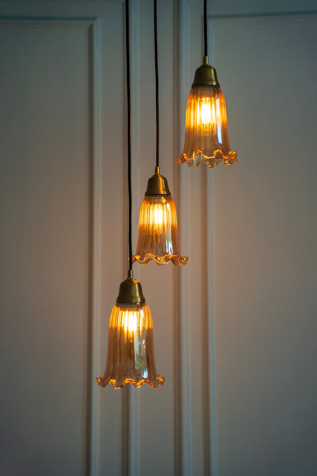 Divine Trends Brass Antique Finish Triple Pendant Hanging Glass Lamp with Fluted Flower Glass Golden Luster Shade
