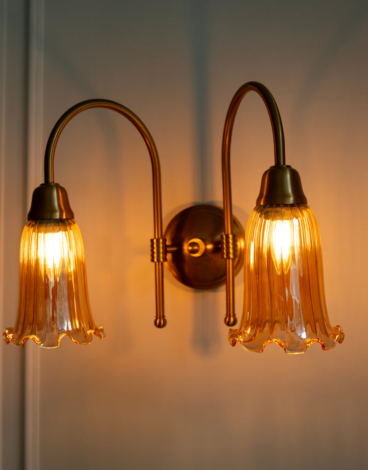 Divine Trends Brass Antique Finish Double Hockey Wall Lamp with Fluted Flower Golden Luster Glass Lampshade- with Reversable Design