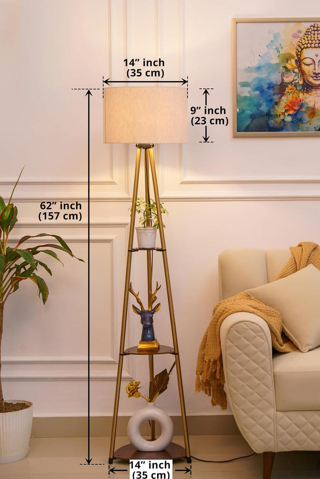 Divine Trends 3 Shelves Floor Lamp Brass Antique Finish 5 Feet Height with 14” Diameter Off White Drum Shade for Living Room, Bedroom, Home Decoration | Led Bulb Included - Pack of 1