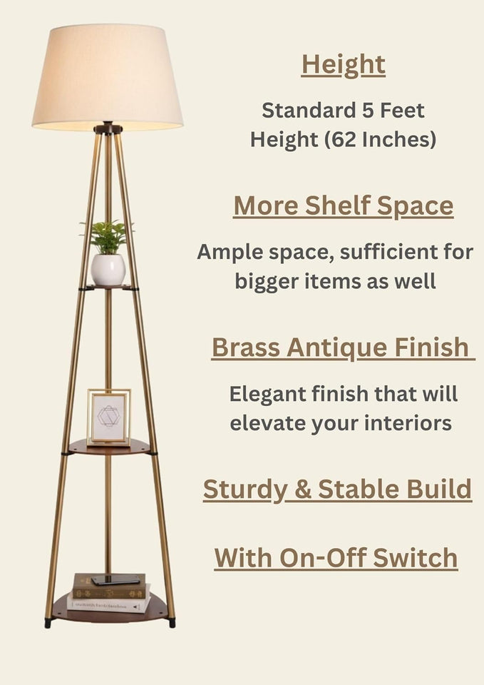 Divine Trends 3 Shelves Floor Lamp Brass Antique Finish 5 Feet Height with 16” Diameter Off White LampShade for Living Room, Bedroom, Home Decoration | Led Bulb Included - Pack of 1