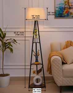 Divine Trends 3 Shelves Floor Lamp Black Polished 5 Feet Height with 16” Diameter Off White Shade for Living Room, Bedroom, Home Decoration | Led Bulb Included - Pack of 1
