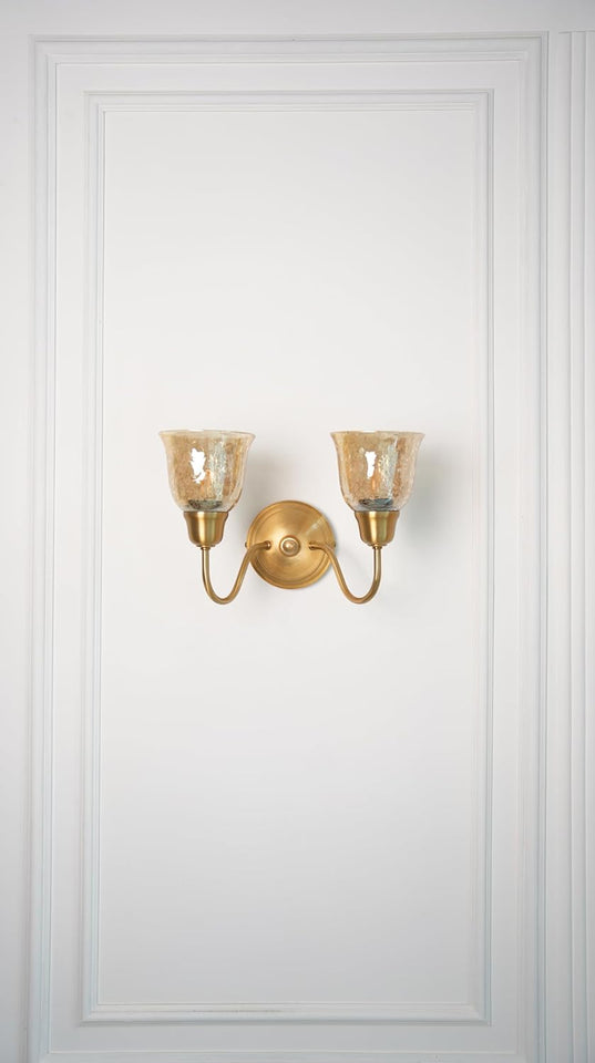 Divine Trends Brass Antique Finish Double Curved Wall Lamp with Cup Crackled Glass Shades