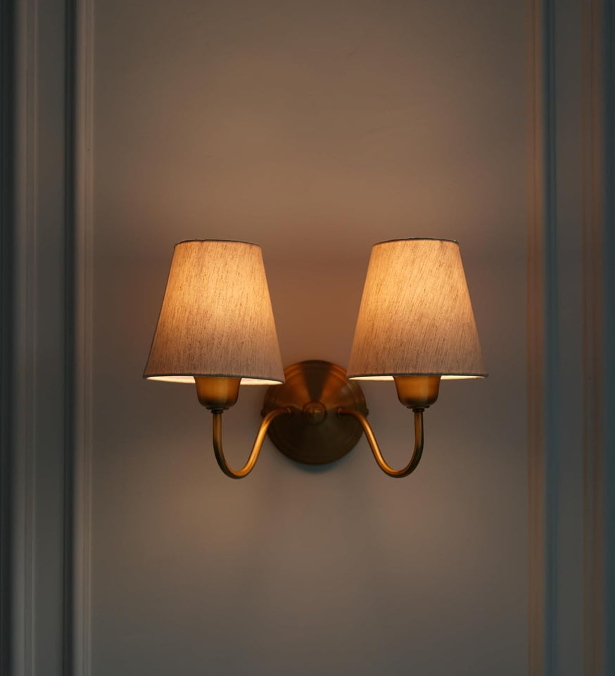 Divine Trends Brass Antique Finish Double Curved Wall Lamp with Off White Lampshades