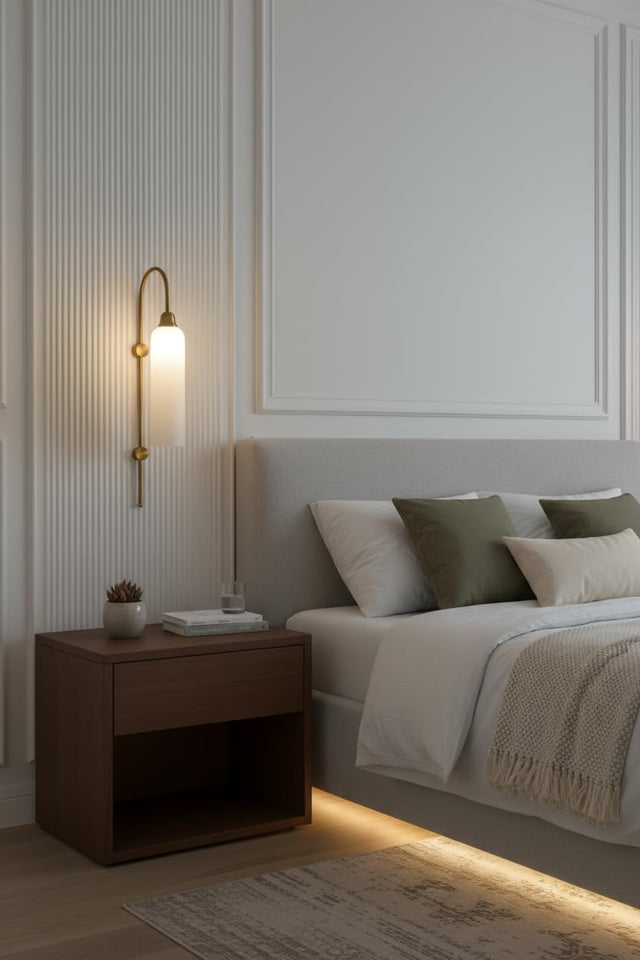 Divine Trends Modern Wall Lamp Antique Brass Finish with Frosted Milky White Long Glass for Bedside, Living Room, Bedroom, Home Decoration, Restaurant | Wall Light - Pack of 1