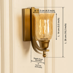 Divine Trends Brass Antique Finish J Wall Lamp with Chimney Crackled Glass Golden Luster Shade