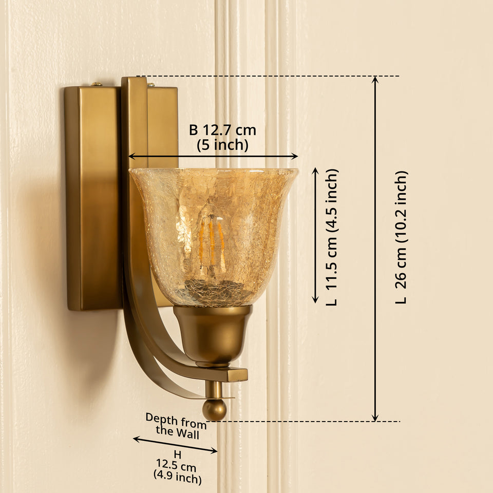 Divine Trends Brass Antique Finish J Wall Lamp with Cup Crackled Glass Golden Luster Shade