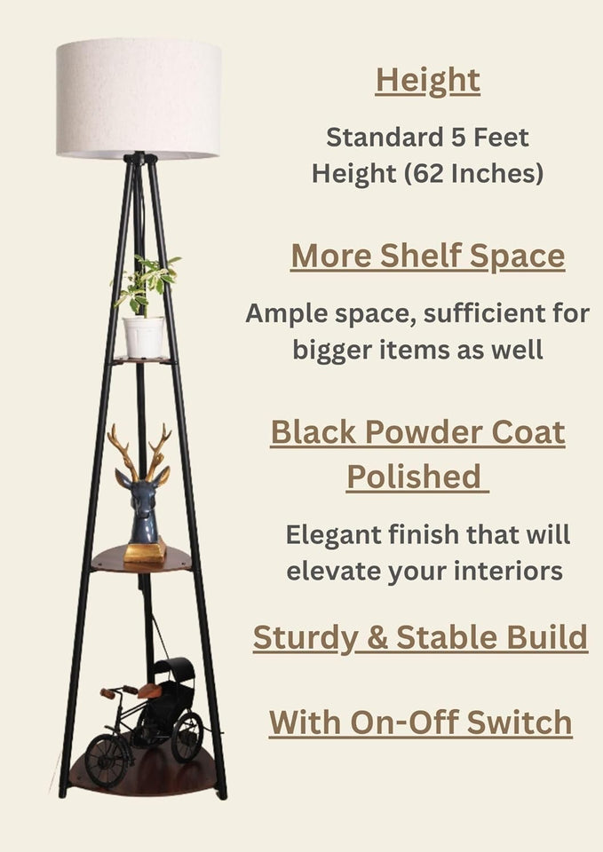 Divine Trends 3 Shelves Floor Lamp Black Polished 5 Feet Height with 14” Diameter Off White Drum Shade for Living Room, Bedroom, Home Decoration | Led Bulb Included - Pack of 1