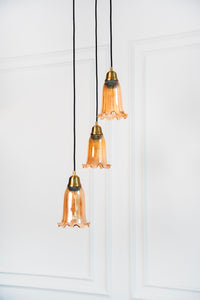 Divine Trends Brass Antique Finish Triple Pendant Hanging Glass Lamp with Fluted Flower Glass Golden Luster Shade