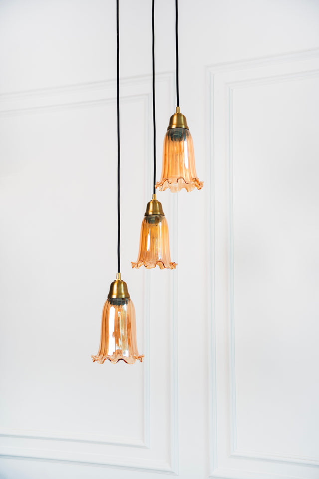 Divine Trends Brass Antique Finish Triple Pendant Hanging Glass Lamp with Fluted Flower Glass Golden Luster Shade