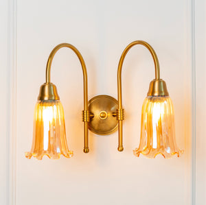 Divine Trends Brass Antique Finish Double Hockey Wall Lamp with Fluted Flower Golden Luster Glass Lampshade- with Reversable Design