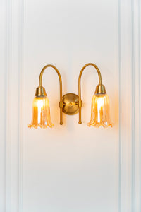 Divine Trends Brass Antique Finish Double Hockey Wall Lamp with Fluted Flower Golden Luster Glass Lampshade- with Reversable Design