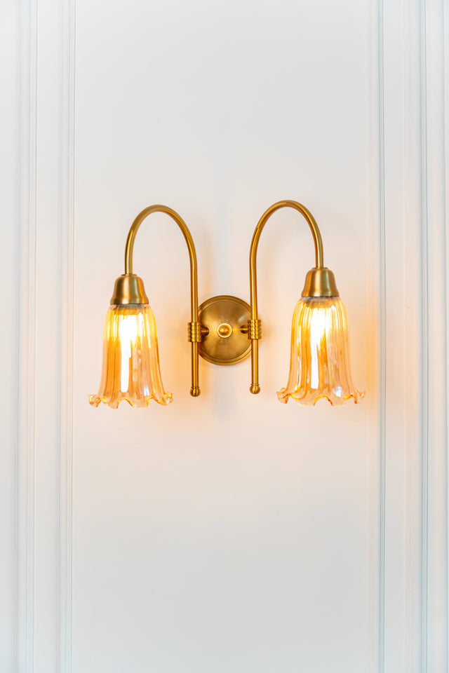 Divine Trends Brass Antique Finish Double Hockey Wall Lamp with Fluted Flower Golden Luster Glass Lampshade- with Reversable Design