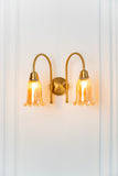 Divine Trends Brass Antique Finish Double Hockey Wall Lamp with Fluted Flower Golden Luster Glass Lampshade- with Reversable Design