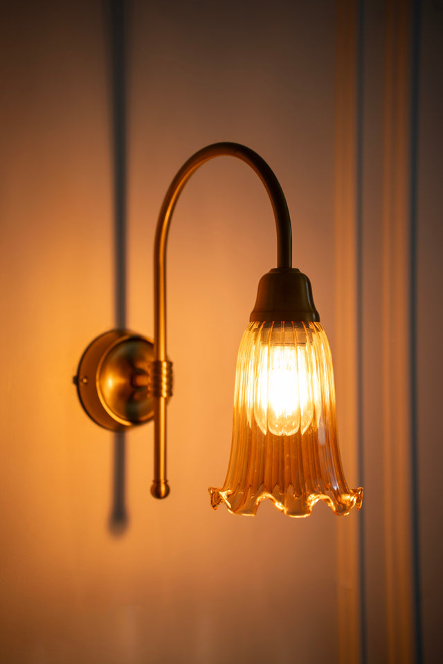 Divine Trends Brass Antique Finish Hockey Wall Lamp with Fluted Flower Golden Luster Glass- with Reversable Design